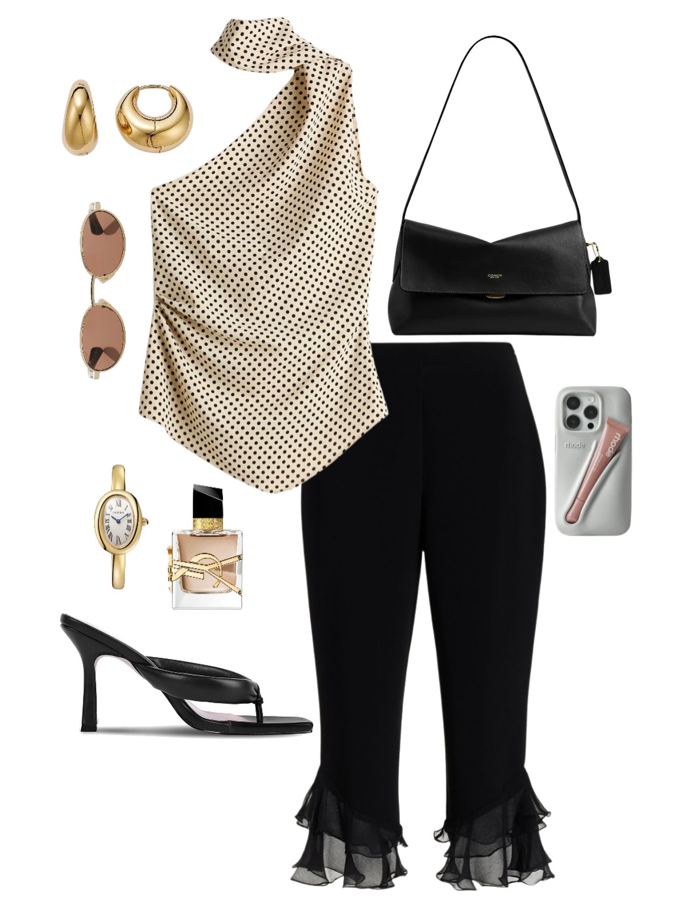 Polka Dots, Black Trousers, and a One-Shoulder Line: Vintage Charm with a Modern Finish
