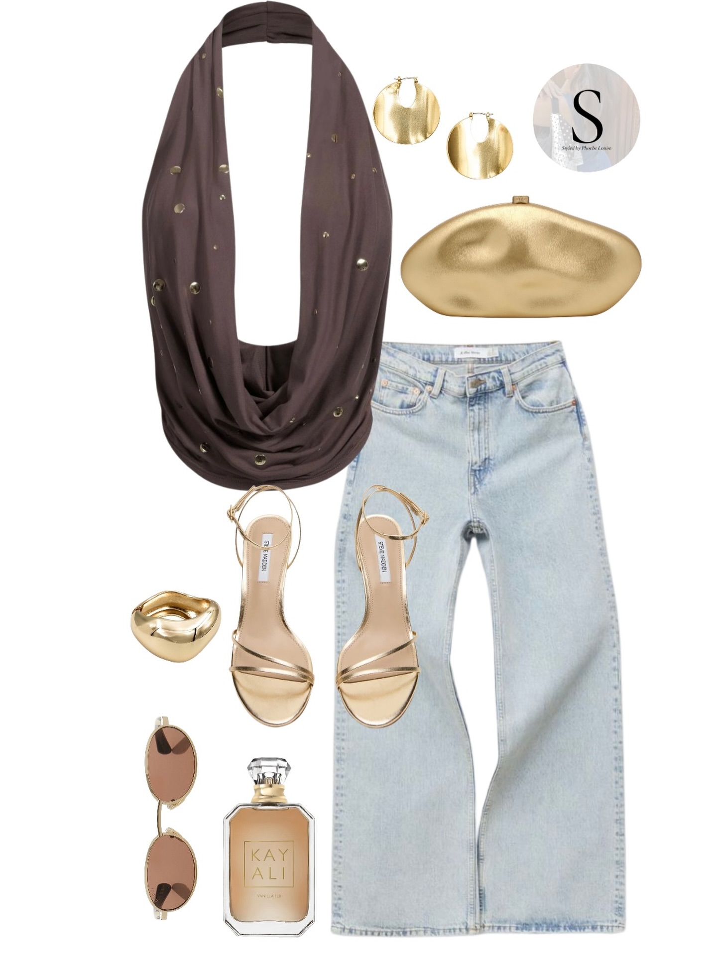 A Chocolate Draped Halter and Pale Denim: Going-Out Style with Warm Metallic Ease