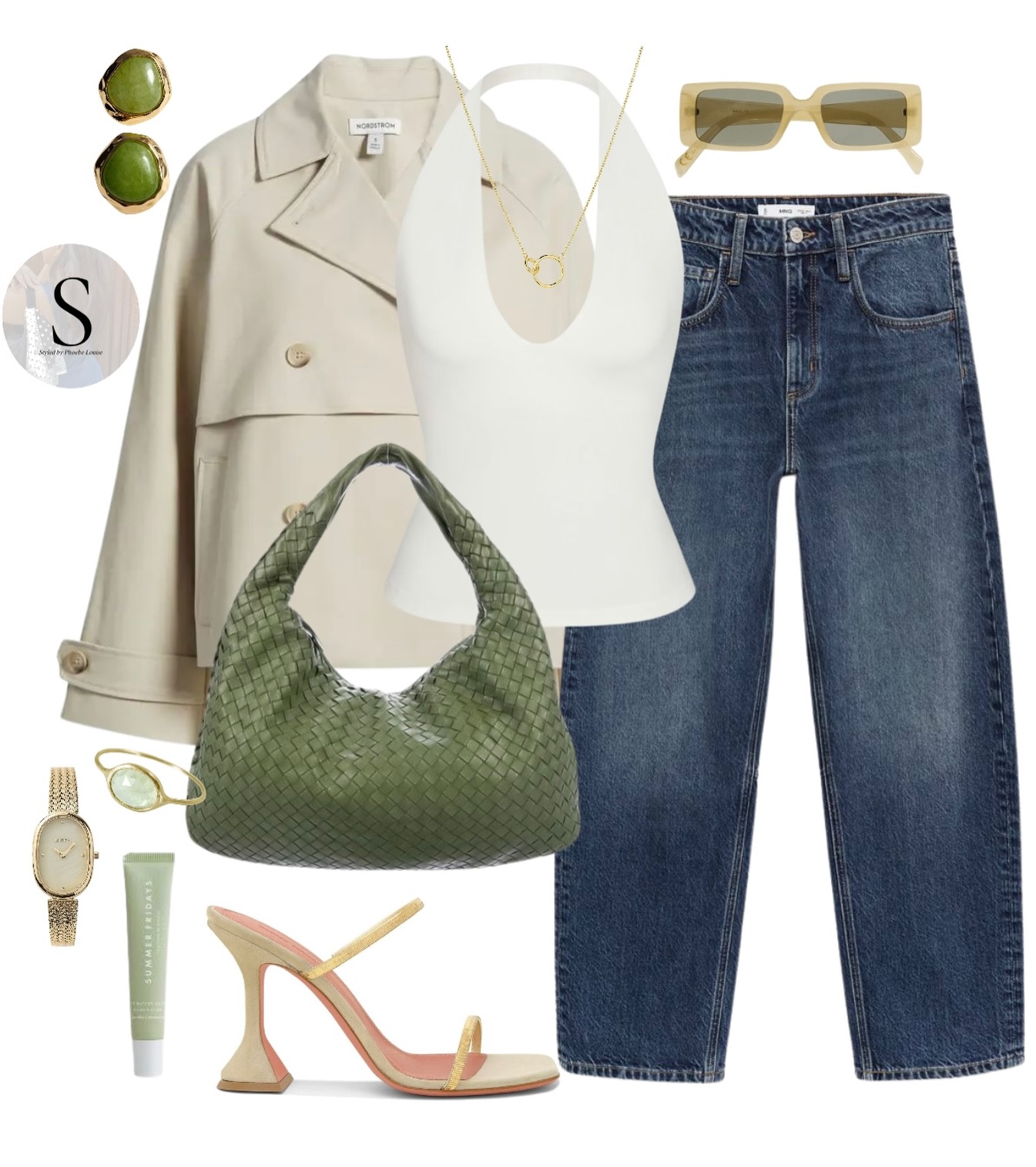Cream Tailoring, a White Halter, and Dark Denim: Casual Polish with a Fresh Green Accent